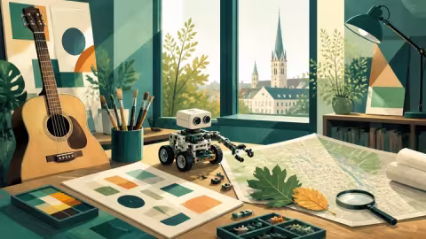 Illustratsioon loovtöötoa lauast kitarri, pintslite, robootikakomplekti ja linnakaardiga
