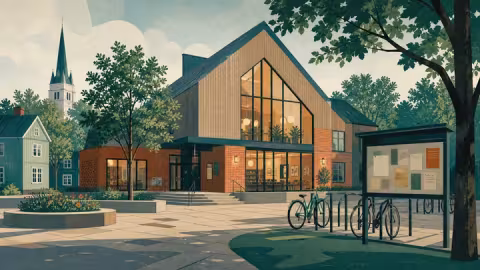 Illustratsioon Tartu linnaruumi sobituvast puidu ja tellisega kogukonnakeskusest