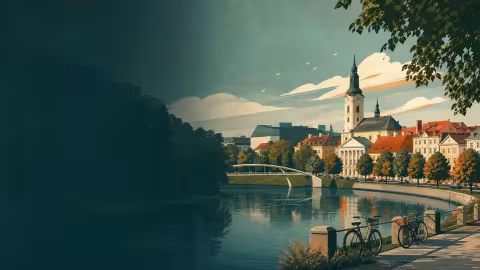 Illustratsioon Emajõest, Tartu linnavaatest, sillast ja jõeäärsetest jalgratastest
